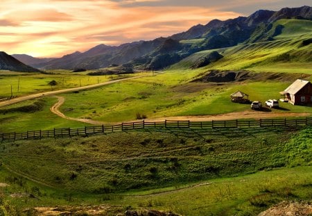 Peaceful Place - cars, splendor, landscape, grass, sunrise, path, view, farm, pathway, houses, sky, clouds, house, sunlight, beautiful, road, beauty, lovely, nature, sunset, country road, green, mountains, peaceful