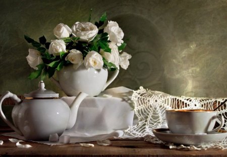 White Roses - beauty, roses, cup of tea, photography, bouquet, still life, rose, white, teapot, white roses, pretty, petals, tea time, roses petals, white petals, tea, lovely, vase, cup, nature, beautiful, flowers