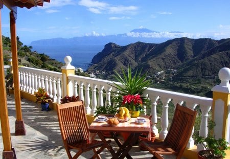 Lovely terrace view - pretty, relax, sunny, summer, blue, terrace, mountain, flowers, view, nice, sky, beautiful, coffee, table, tea, morning, lovely, fence, peaks, rest, nature, peaceful, pleasant