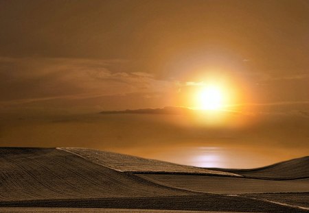 Sunset on the Fields - yellow, brown, fields, sunset