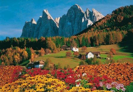 Mountain villas - summer, cliffs, beautiful, village, cottages, villa, nature, mountain, autumn, colorful, cabins, flowers, slope, country, peaceful, dolomites, sky, peaks, houses, nice, lovely, woods, trees, calm, green