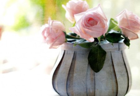 Fourose - roses, pink, four, flowers, basket, garden, vase