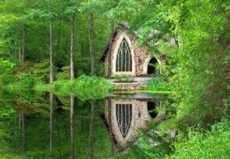 Charming Church Nestled in the Woods - nature, lake, church, reflection