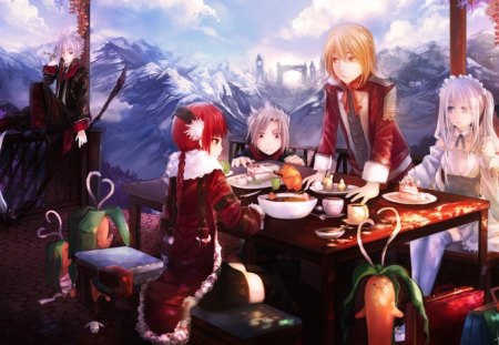 Carrot banquet - anime, carrot banquet, girl, table, sweets, boy, manga, fantasy, nature, tsunoh, cake, art, castle