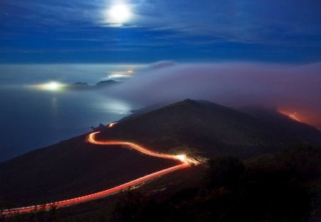 FULL MOON LIGHT - full moon, fog, night, sea, road