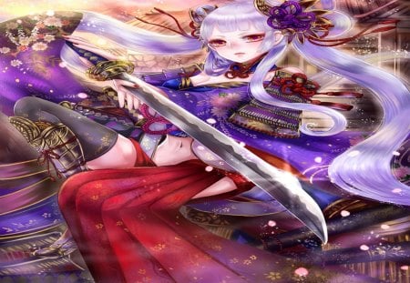 Samurai Girl - breasts, female, katana, samurai girl, purple hair, hair flower, twin tails, anime girl, cherry blossom, hot, sword, cool, sweet, flower, petals, samurai, sexy