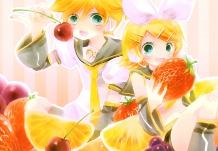 Fruits :) - kagamine rin, fruits, other, oranges, project diva, cherries, strawberries, vocaloid, video games, grapes, kagamine len