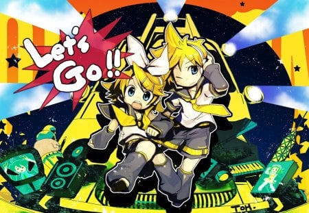 Let's Go!! - yellow, kagamine rin, vocaloid, orange, video games, kagamine len, other, project diva