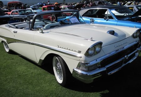 Ford 1958 Fairlane model - white, photography, tires, green, ford, grass, black