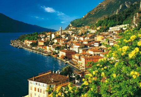 Gargameer - Italy - calm, summer, europe, coast, blue, amazing, mountain, flowers, shore, gargameer, holiday, view, nice, houses, greenery, water, beautiful, sea, travel, lovely, ocean, rest, village, river, italy, peaceful