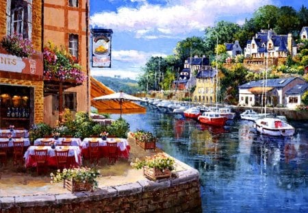 Corner of paradise - paradise, riverbank, chairs, cottages, reflection, river, ralx, holiday, coffee, boats, cabins, restaurant, pier, beautiful, rest, nice, sky, freshness, dock, greenery, pleasant, vacation, painting, corner, pretty, clouds, houses, summer, shore, lovely, village, town, cafe