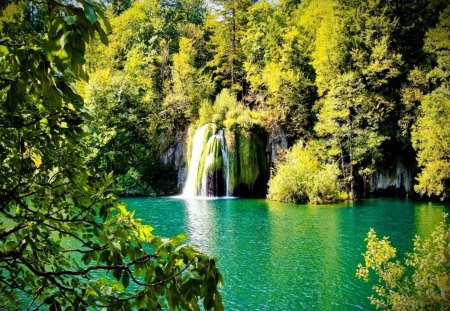 Calm waterfall - calm, summer, blue, creek, stream, reflection, calmness, hidden, emerald, sky, falling, greenery, branches, trees, fall, nature, waterfall, green