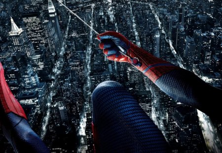 the amazing spiderman - traffic, blue suit, buildings, web, red gloves, lights