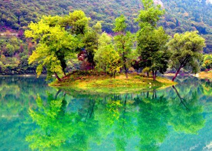 Small river island - nice, trees, riverbank, peaceful, greenery, colorful, clear, mirrored, calm, crystal, yellow, reflection, river, green, grass, lake, mountain, summer, shore, place, lovely, serenity, nature, tranquility, beautiful, island, waters, small