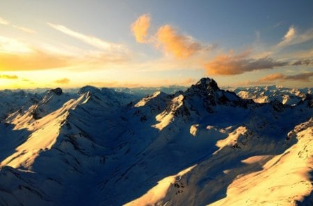 in the mountains - mountains, clouds, shadows, blue sky, sun, snow