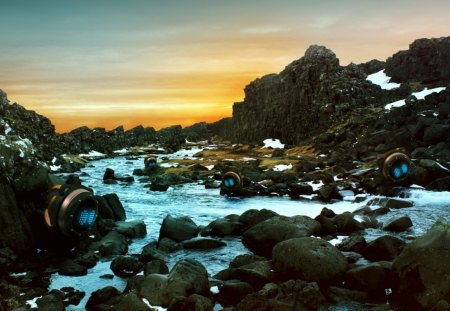 fantasy landscape - rocks, water, clods, blue sky, snow