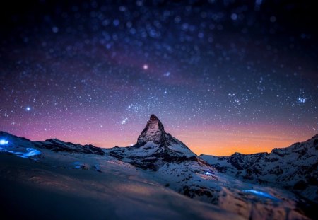 alpine night sky - snow, stars, mountain, lights