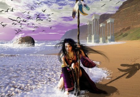 fantasy landscape - staff, building, cliffs, beach, sea, birds, woman