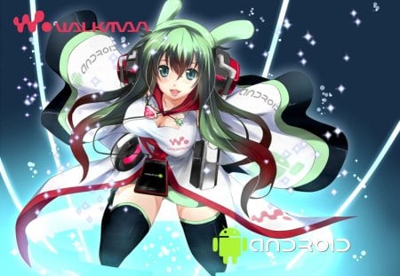 Miyabi - breasts, headphone, anime girl, female, hot, thighhighs, miyabi, green hair, cool, music, big breasts, sexy