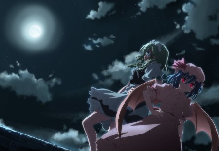 Night. - clouds, moon, moonlit, anime, female, night, light, girls, manga, wings, night sky, full moon