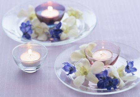 FRAGRANT TEALIGHTS - flowers, pretty, white, blue, tables, flames, candles, glass