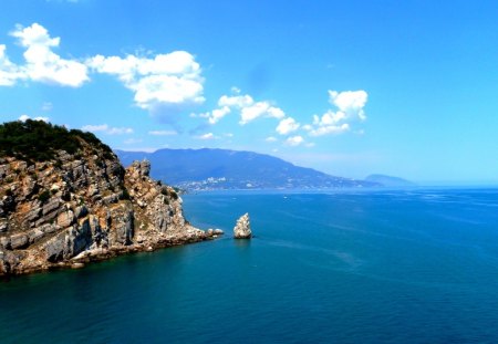 SAIL BOAT - mountain bear, sea, sail rock, clouds