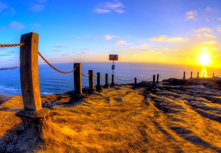 BEAUTIFUL EVENING - sunset, sea, fence, landscape