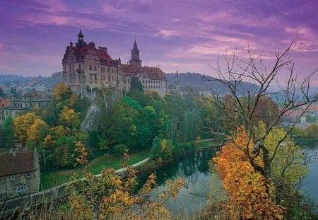 CASTLE LANDSCAPE - autumn, forests, trees, sunset, tourism, castles, lakes, purple, architecture, skies, germany, europe