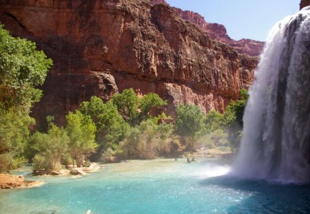 Beautiful Waterfall - sky, waterfall, beautiful, sun