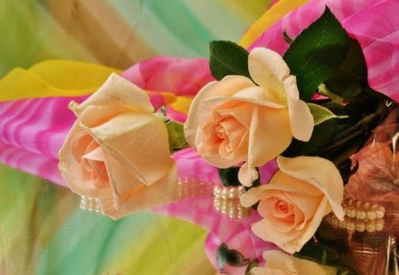 Roses and Romance - flowers, roses, pearls, romance, peach