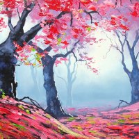 Autumn Red Forest Painting