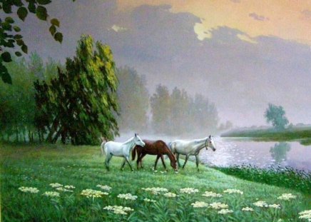 Litvinenko Gennady. foggy Morning - nature, painting, art, horse, animal, litvinenko gennady, grass