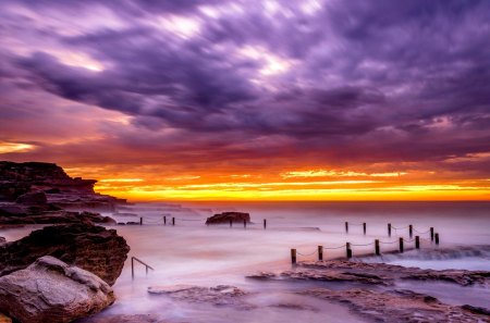 BEAUTIFUL HORIZON - rocks, fence, stones, sunset, ocean, australia