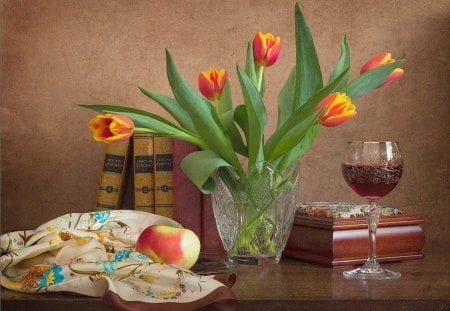 Still life - still, life, tulips, table, wine, apple