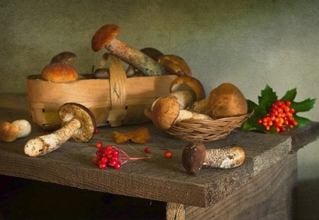 Still life - still, basket, rowan, table, muhsrooms, life