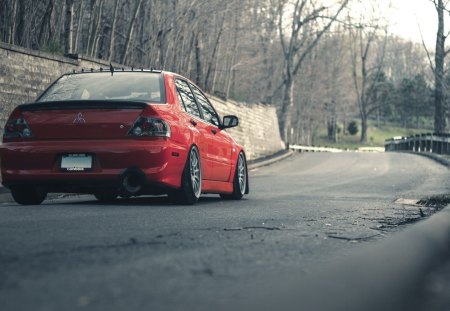 Red Car on autumn road - red, road, beautiful, october, amazing, car, engine, on, autumn