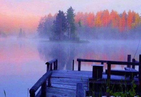 Misty Autumn Morning at the Lake - nature, morning, lake, autumn, misty