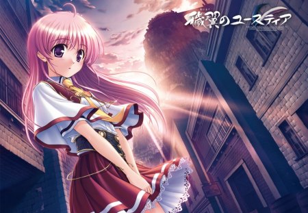 Eustia Astraea - anime girl, female, hot, blush, sunrise, city, cool, long hair, eustia astraea, school uniform, cloud, pink hair, sexy, sky