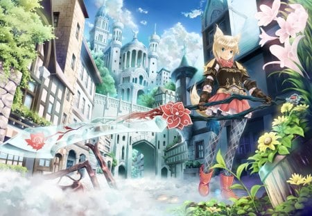 Ryouku Highres - female, plant, ryouku highres, armor, weapon, sky, castle, anime girl, hot, city, blonde hair, cool, flower, fox girl, cloud, big sword, sexy, gloves