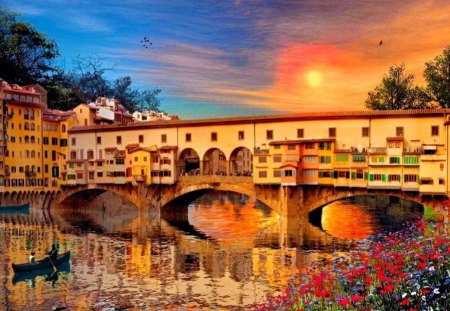 Romantic Italy - summer, europe, town, romantic, amazing, boat, reflection, flowers, shore, waters, hotel, nice, houses, sky, sun, clouds, beautiful, lovely, river, nature, sunset, firenze, italy, bridge