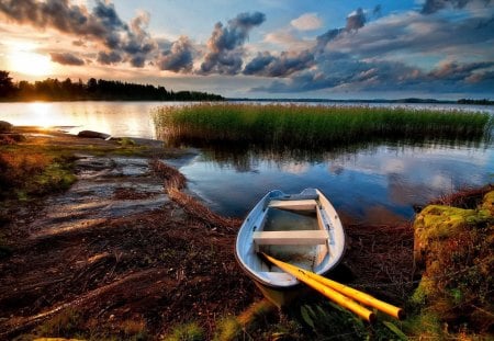 Lake boat - lakeshore, nice, sky, water, forgotten, reflection, walk, river, clouds, abandoned, grass, boat, lake, summer, shore, lovely, nature, lonely, beautiful