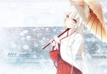 cute miko - winter, animal ears, snow, blush, white hair, pink eyes, umbrella, cute, miko