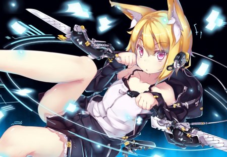 cute girl - pink eyes, animal ears, cute, blonde hair, weapon