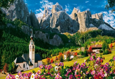 Village on the mountain slope - summer, cabin, dolomites, church, mountain, flowers, fresh, nice, houses, sky, clouds, beautiful, tower, slope, lovely, freshness, peaks, village, nature, cottages, peaceful