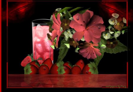 Summer Refreshment - strawberries, refreshment, summer, flowers, drinks