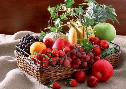 FRUIT BASKET - healthy, plums, baskets, still life, apples, bananas, fruit, strawberries, leaves, grapes, sweetness