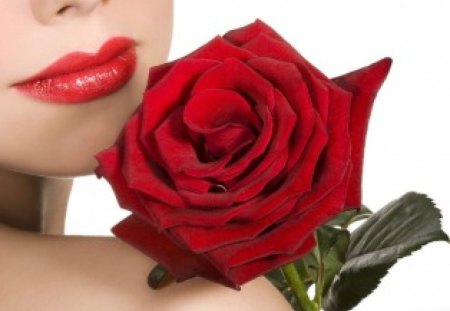 THE DAMSEL AND THE ROSE - beauty, lips, roses, seduction, face, fragrant, red, romance, flowers