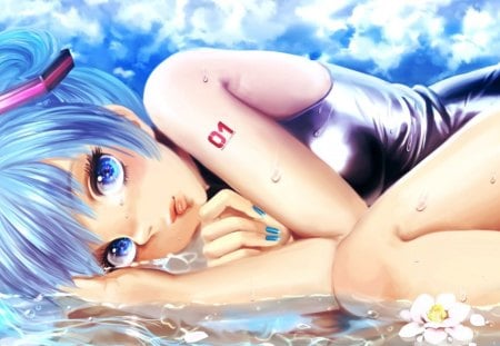 Vocaloid Water Girl - anime, vocaloid, female, number, water, blue, teen, girl, flower, bathing suit, young