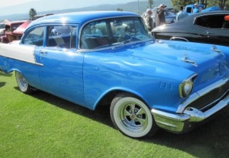 1957 Chevrolet bel - Air in blue & white - nickel, Chrome, white, blue, Tires, Photography, Chevrolet, Headlights