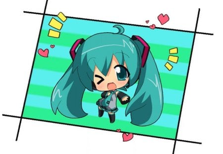 Chibi Miku - vocaloid, heart, project diva, blue, wink, hatsune miku, miku, green, chibi, cute, chibi miku, video games, other